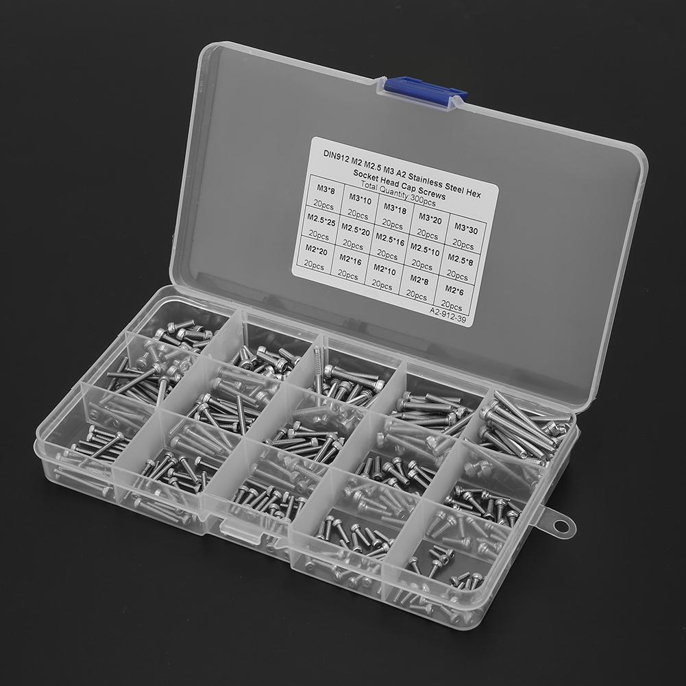 300pcs M2 M2.5 M3 Hex Socket Stainless Steel SS304 Cap Screw Bolt Assortment Set