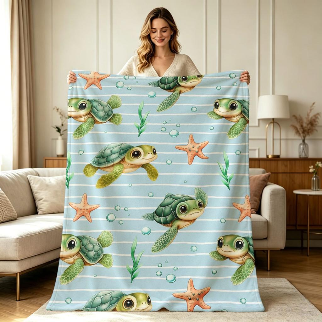 Soft Flannel Blanket with Cute Sea Turtle Starfish Underwater Print All Season Warm Cozy Throw Blanket for Couch Sofa Bed Office Camping Living Room H