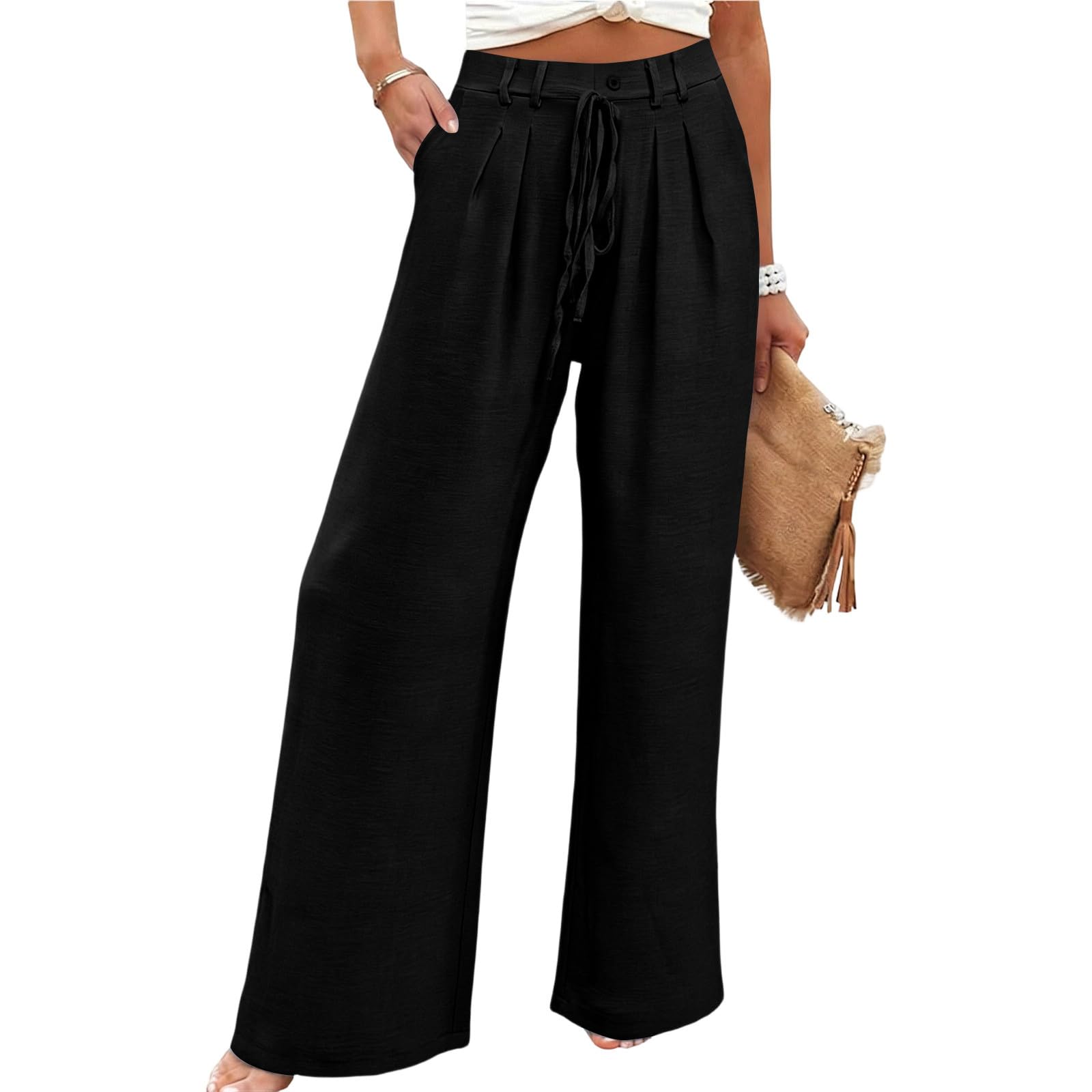 

Женские эластичные брюки с высокой посадкой, повседневного кроя, с широкими штанинами, длинные, с карманами L чёрный