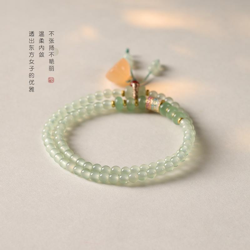 Artistic and fresh, new Chinese style, jade green glass lotus pod double-ring fine layered bracelet for women, elegant and high-end