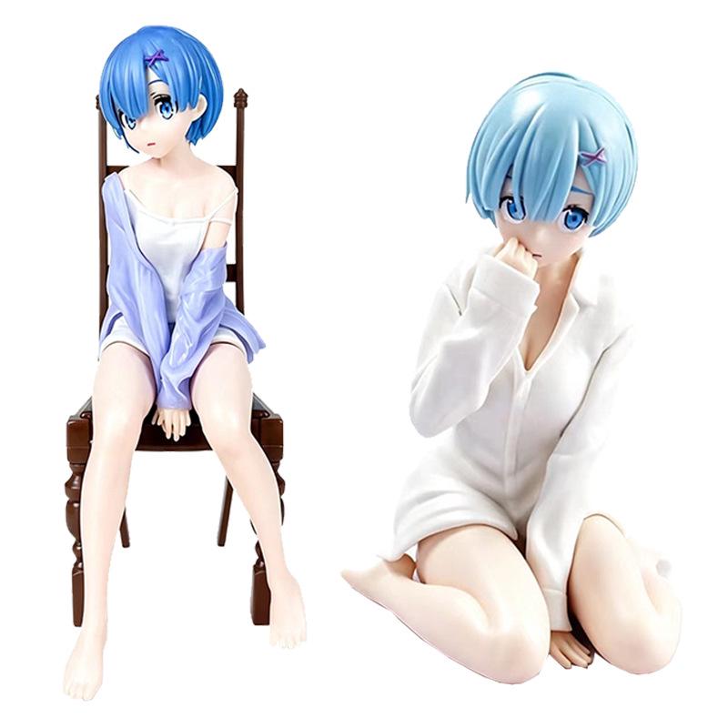 Rem in White Clothes and Pink Pajamas Figurine - Two-Dimensional Isekai Girl Sitting on Chair.