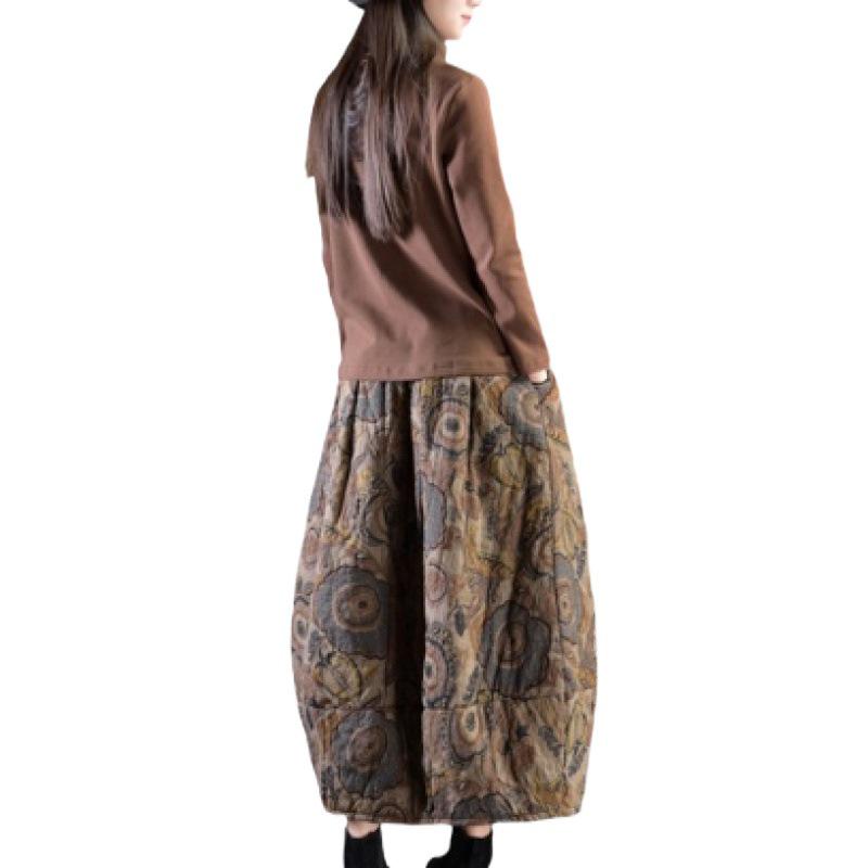 2023 Vinter Retro Konsttryck Kviltad Midikjol med Elastisk Midja