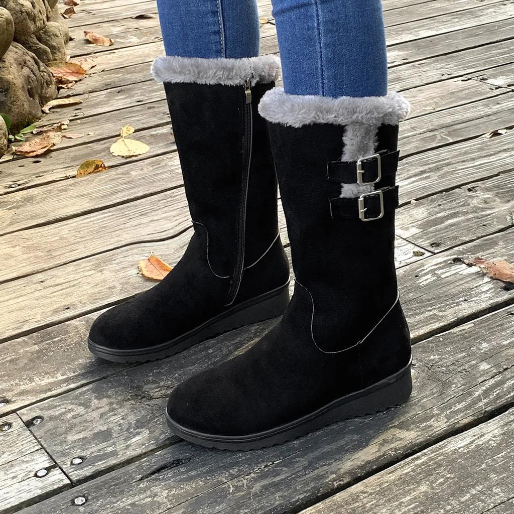 Women Winter Shoes 2024 New Chunky Heel Mid-calf Plush Snow Boots Fashion Female Warm Chelsea High Fur Boot Botas Mujer Invierno