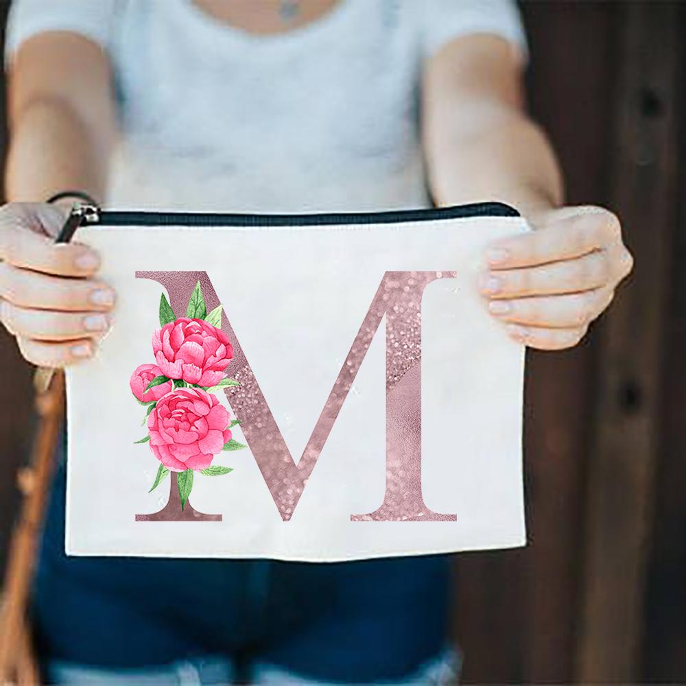 Pink Flowers Alphabet A-Z White Canvas Makeup Bags Zipper Cosmetic Pouch Ladies Casual Fashion Storage Organizer Make Up Bag