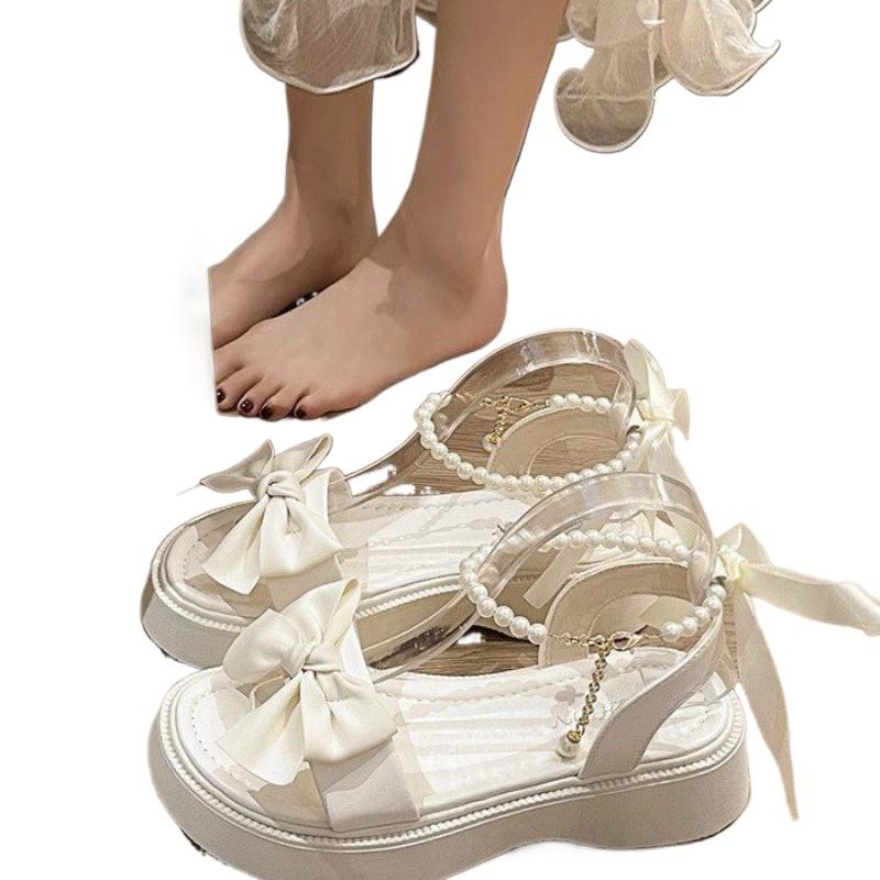 SyfIyno Bow Sandals Women's New Summer Sandals One Strap Thick Bottom Pearl Buckle Fashion Open Toed Roman Women's Shoes