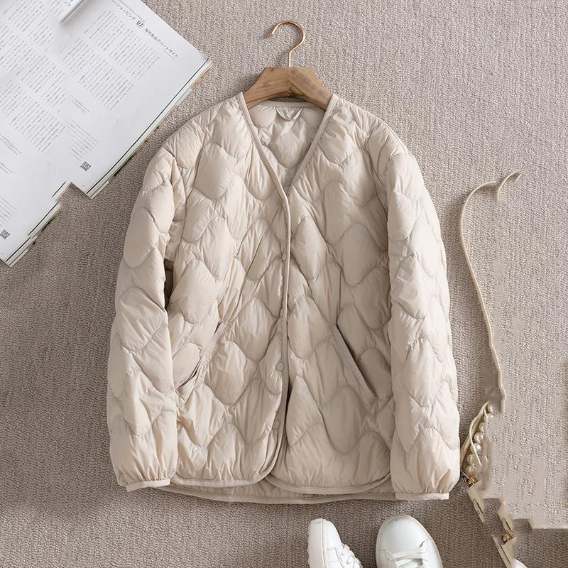 Collarless rhombus light and thin down jacket for women, light and ultra-thin, inner and outer wear, large size V-neck short jacket tide