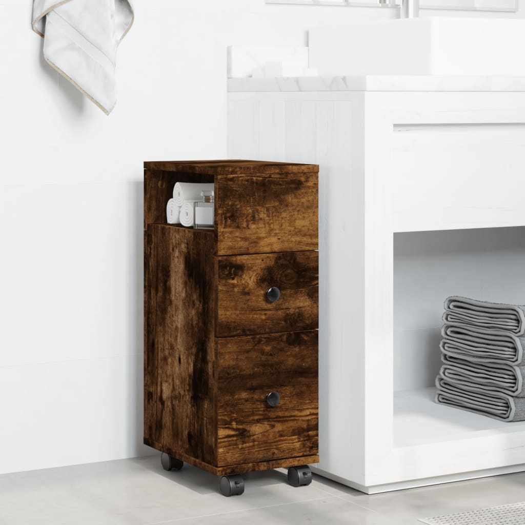 Narrow Bathroom Cabinet with Casters Smoked Oak Finish Particleboard