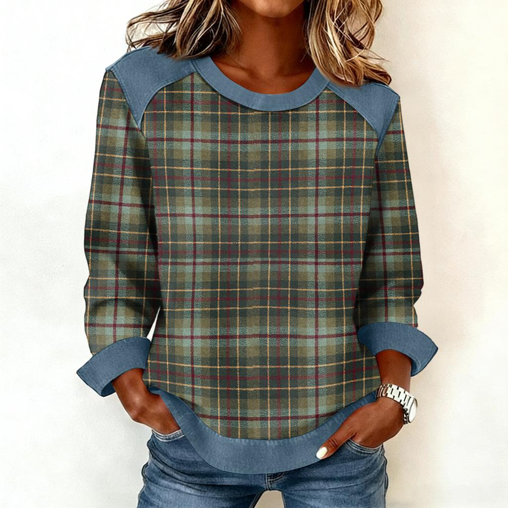 Women Denim Collar Patchwork Stitching Sweatshirt Casual  Pullover Long Sleeve Shirts