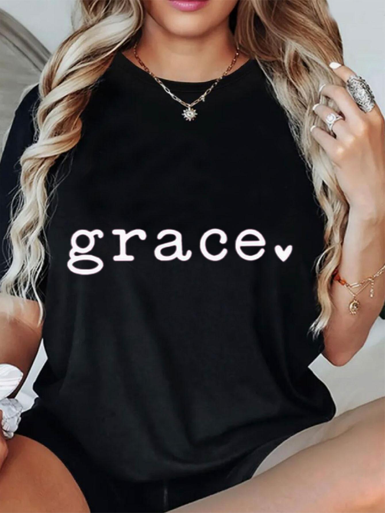 

Women s Casual Short Sleeve Crew Neck T-Shirt - Black with White Grace Letter Print, Medium Stretch Fabric, Machine Washable, S чёрный