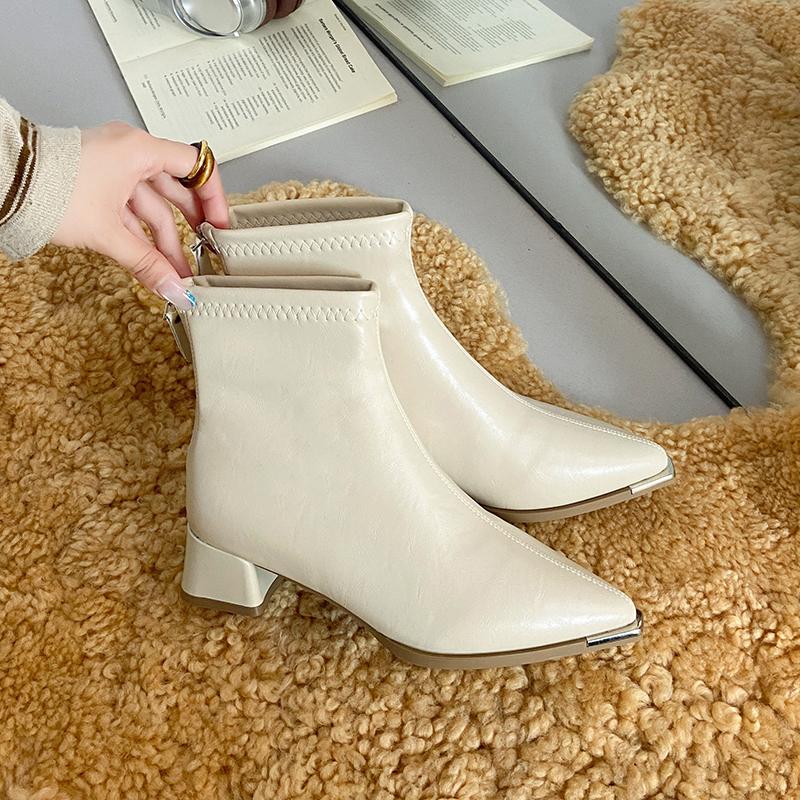 

Thick Heel Metal Pointed Toe Women Ankle Boots Street Style Banquet Party Dress Short Botas Autumn Winter Women s Shoes 35