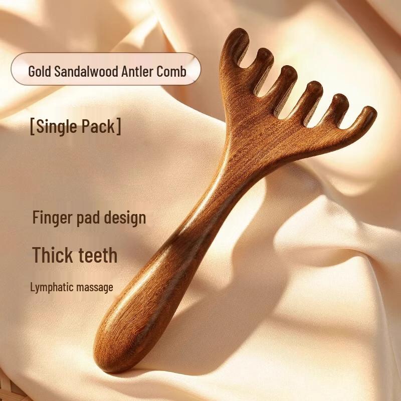 Sandalwood Deer Antler Head Meridian Massage Comb Set