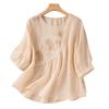 Embroidery Round Neck Summer New Women T-shirt Retro Thin Loose Short Sleeve Blouse Casual Sweet Simple Tops Ladies Office Solid Color Clothing