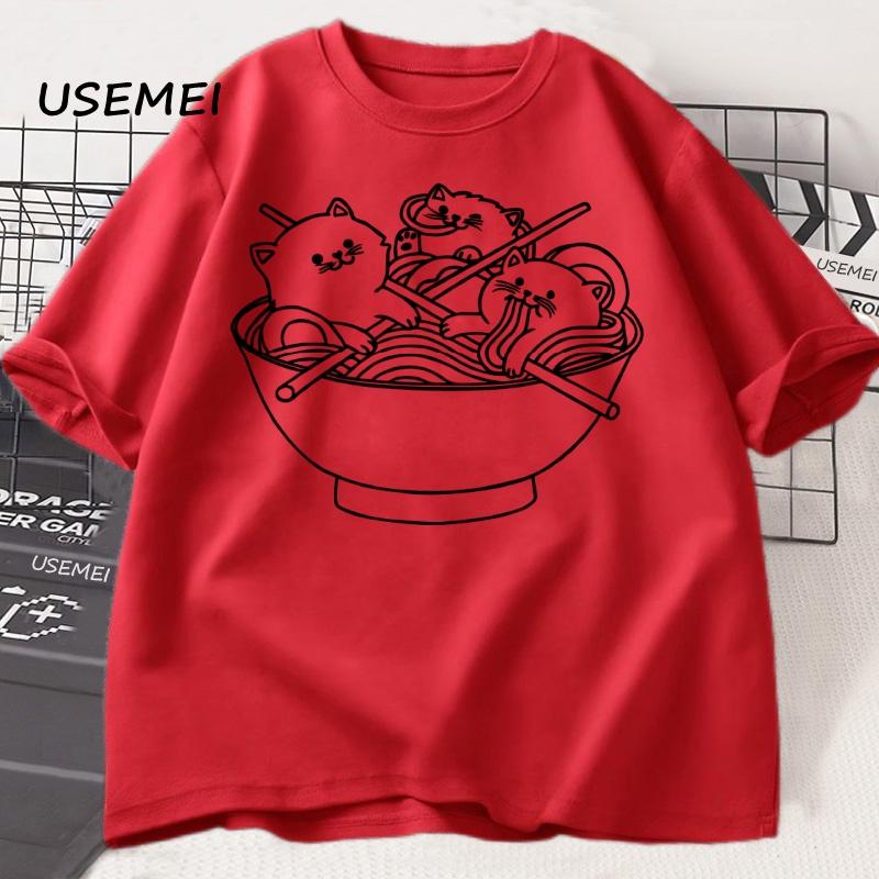 Japanese Style Cat Ramen T-Shirt Cotton Short Sleeve Kawaii Anime Tshirt Ramen Kitten Graphic Tees Cute Food Tee Shirt Clothes