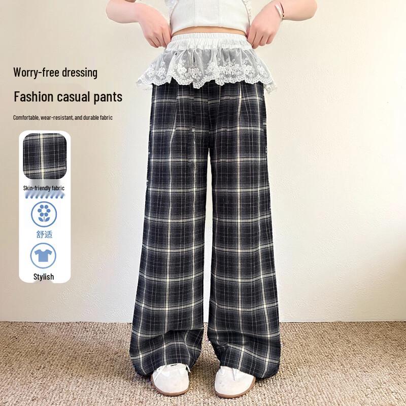 Girls Summer Plaid Wide-Leg Pants 130