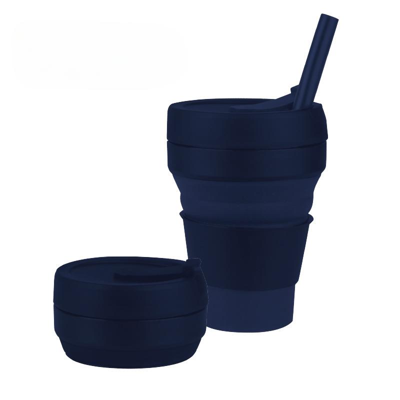 Silikonový skládací kávový hrnek, stlačitelný kelímek na vodu, kapesní hrnek, zatahovací, jednobarevná láhev na vodu se slámkou, 350 ml