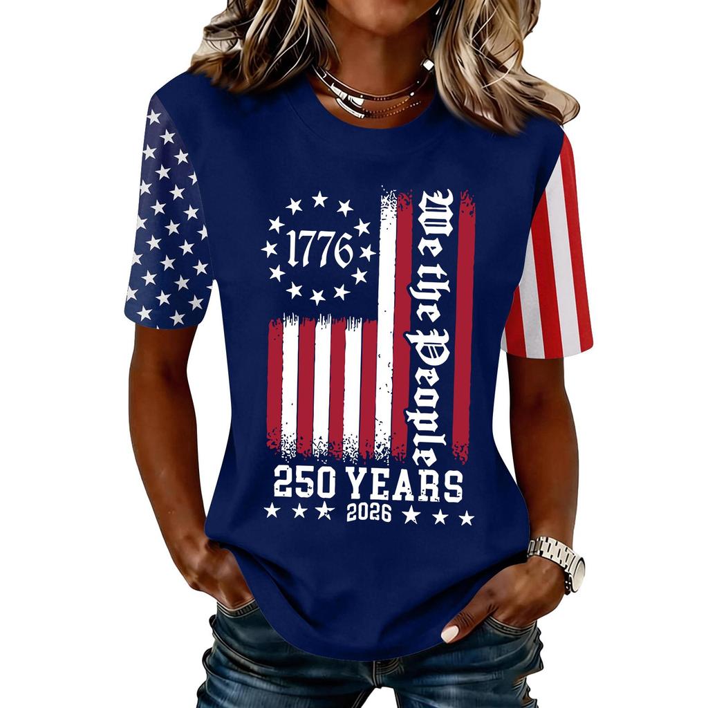 Blusa Feminina da Moda Casual de Manga Curta com Estampa e Gola Redonda