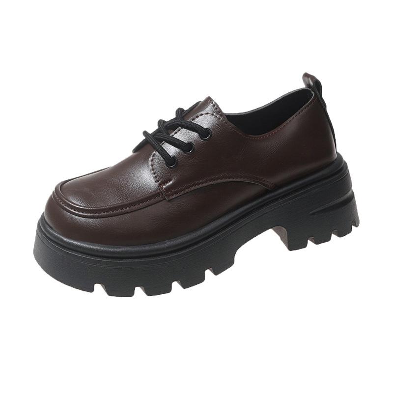Women's Thick-Soled British-Style Leather Loafers: Spring/Autumn, Round-Toe, Lace-Up, JK Japanese-Inspired, Versatile Chunky Heel