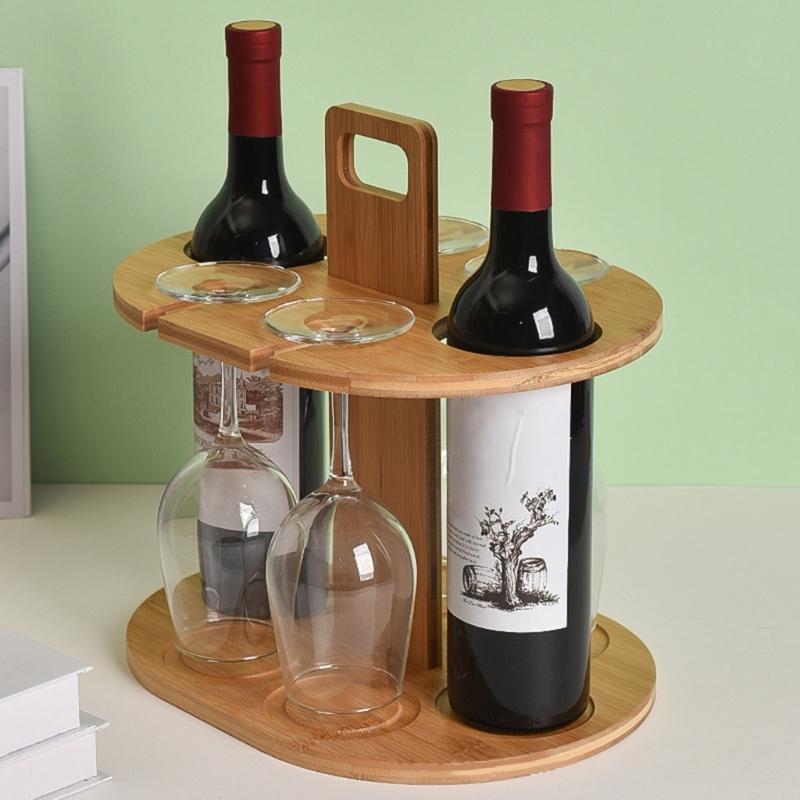 Elegant Sturdy Bamboos Wine Bottle and Glass Rack Countertop Organizers Portable Accessory for Bottles and Glasses