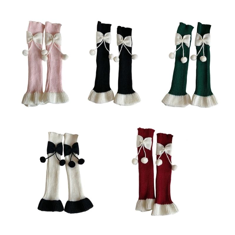 Fashionable Women's Leg Warmers Ribbed Socks Elastic Lace Trim with Cute Bows and Fuzzy Ball Winter Accessories
