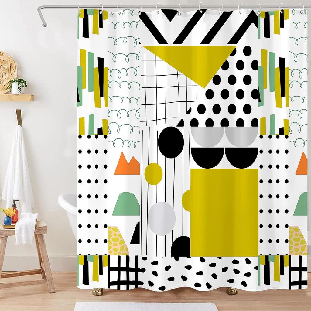 Extra Long Geometric Shower Curtain Mid Century Modern Shower Curtains For Bathroom Abstract Yellow Black White Waterproof