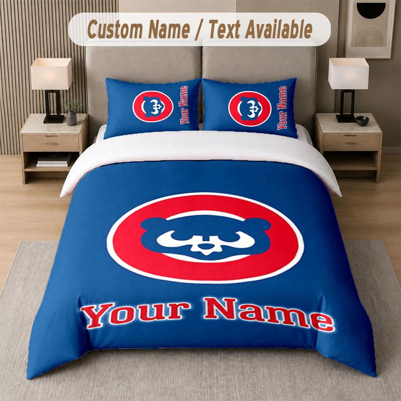 Custom Bedding Set Chicago Cubs Pattern, Print Name Text 1 Duvet Cover plus 2 Pillowcases Home Textile