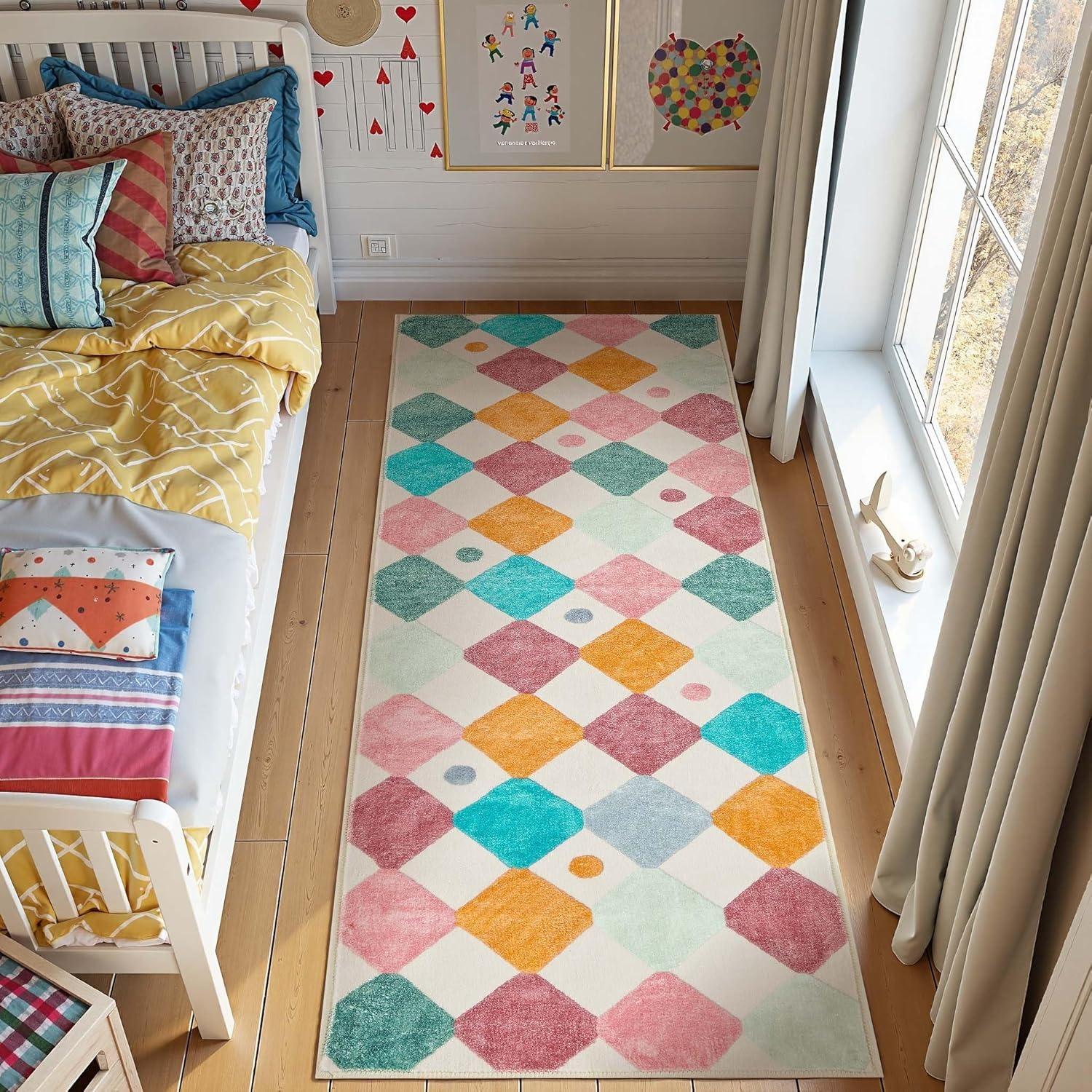 

Bedside Carpet for Bedroom Long Runner Rug Colorful Plaid Floor Mat Soft Fluffy Foot Mats Girl Cute Sweet Home Decoration Rugs 40x120cm