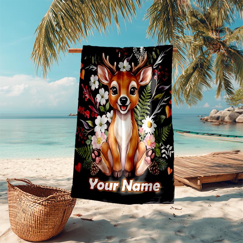 1PC Custom Name Whimsical Deer Garden Art Beach Towel Highly Absorbent And Sand-Resistant Towel for Swimming, Pool, Yoga, And Travel Lightweight
