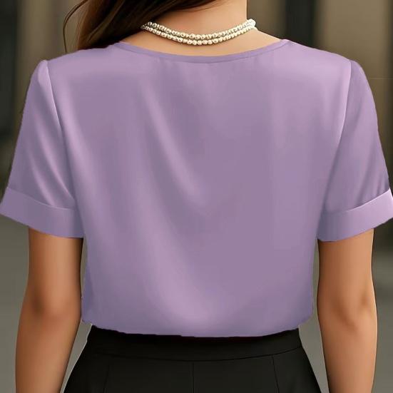 Damen T-Shirt Einfarbige Lockere Passform Glattes Satin V-Ausschnitt Kurzarm Oberteile Sommer Lässiges T-Shirt Tägliche Kleidung