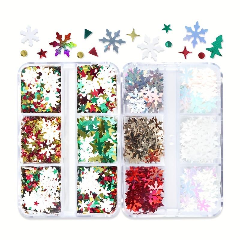 Christmas Theme Nail Glitter Sequins Set 3D Snowflakes Stars Xmas Tree Shapes, Hexagonal Mixed Flakes for DIY Winter Manicure