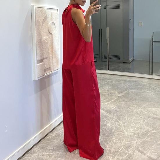 Women 2 Piece Satin Outfits Halter Neck Sleeveless Top And Wide Leg Pants Set Casual Vocation Lounge Set