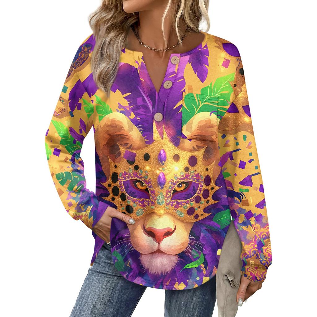 Women's Carnival Printed Fashion Long Sleeve Button Hoodie Top