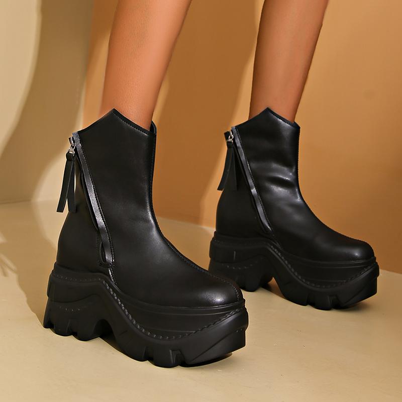 Gothic Style Robustní Platforma Dámské Kotníkové Boty Silná Podrážka Zip PU Kůže Boty Žena Velká Velikost Motorkářské Boty Dámské 42