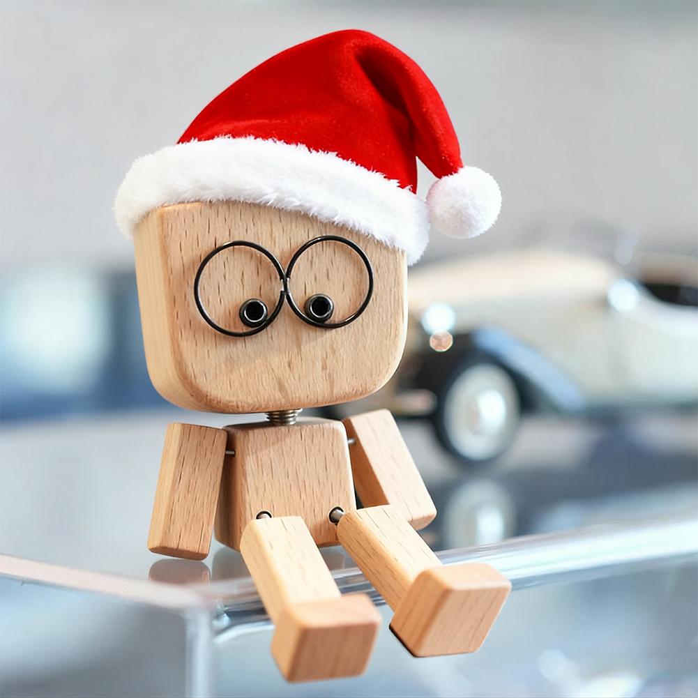 Christmas Hat Leg-swinging Robot Figurine Cute Wood Man Shaking Wooden Man Figurine With Function Of Changing
