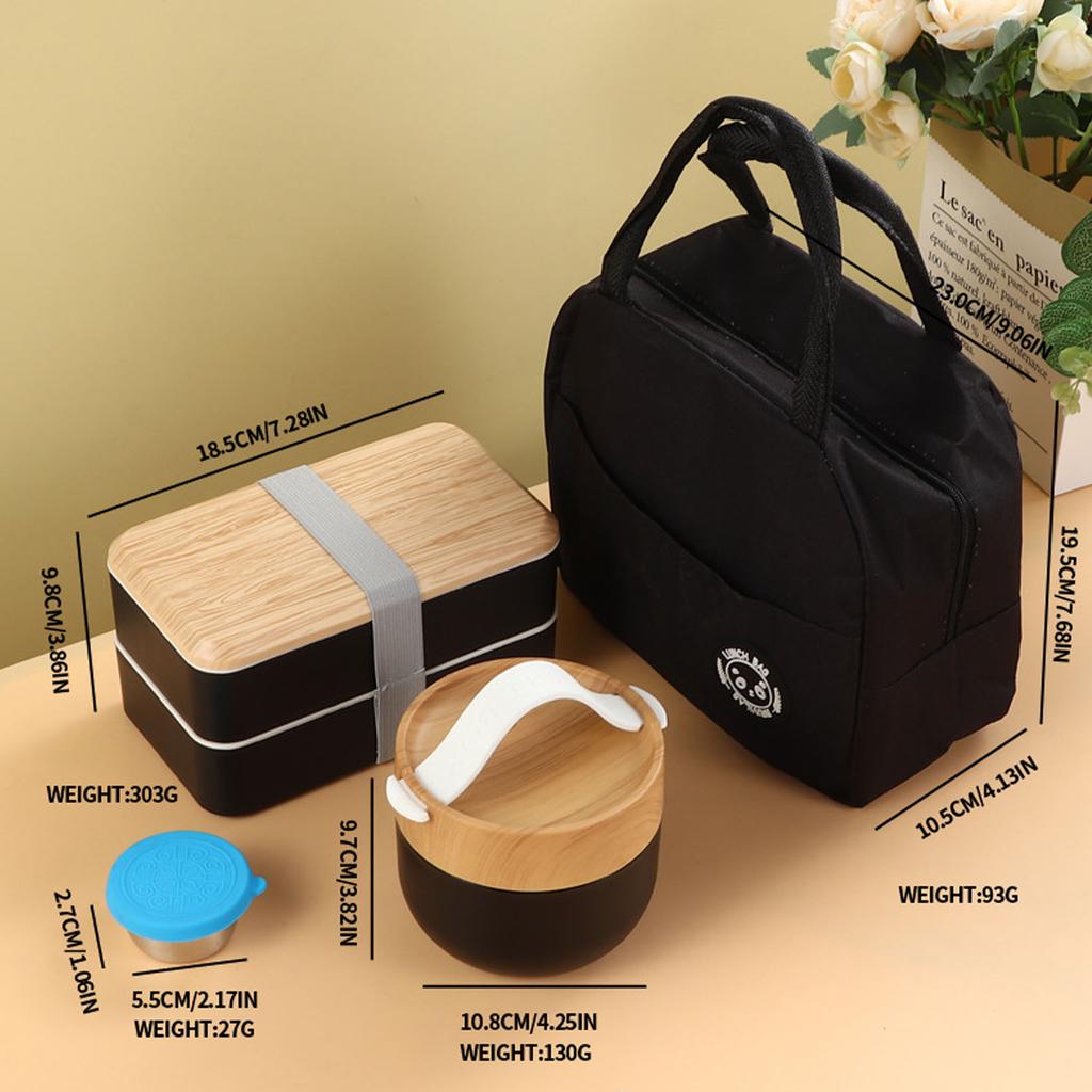 Black Double Layer Wood Grain Bento Box with Soup Cup Thermal Bag and Dipping Dish for Work School Lunch
