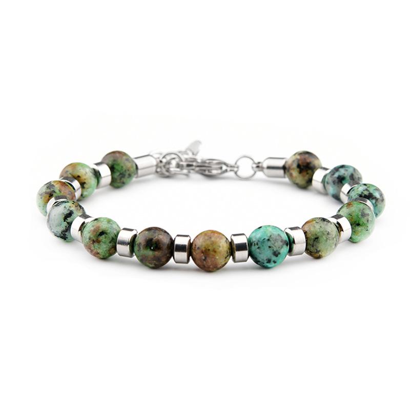 Men s 8mm African Turquoise Stainless Steel Adjustable Beaded Bracelet