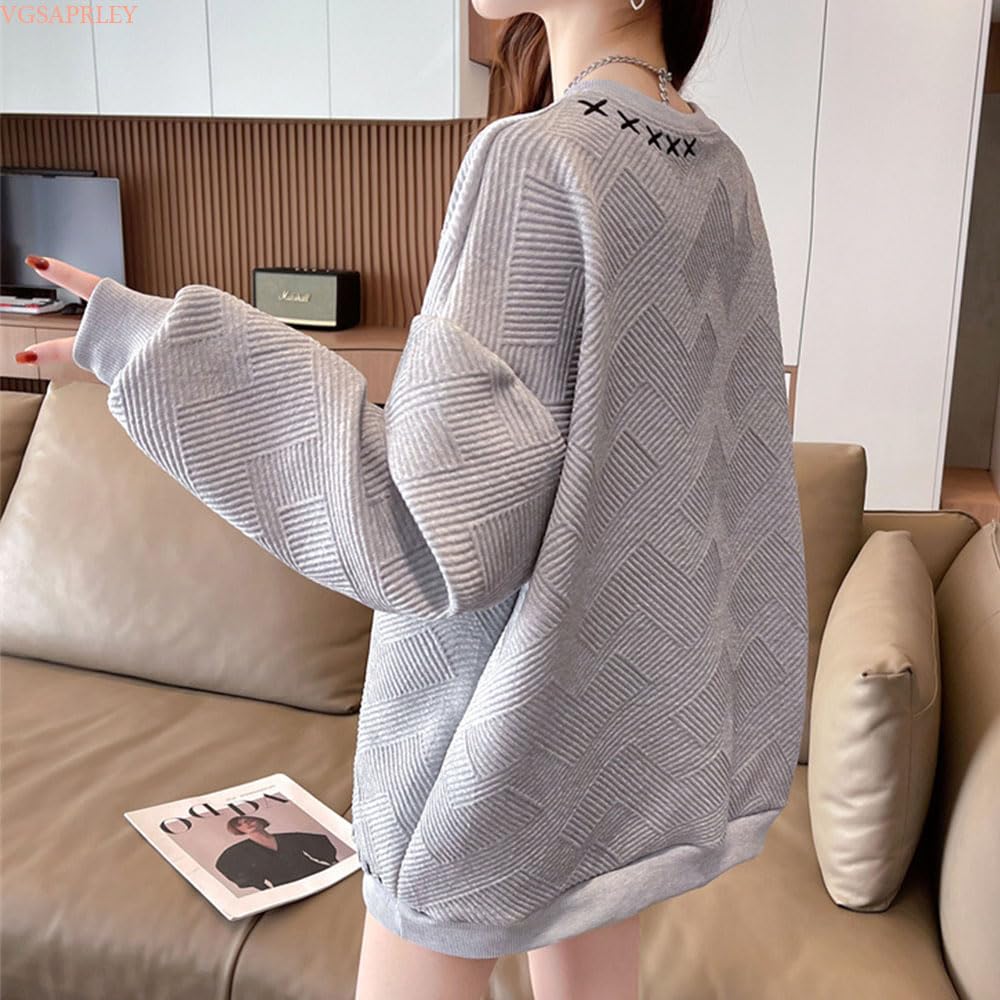 VGSAPRLEY Long Crew Pullover Loose Plus Korean Solid VG26 Women's Sweatshirt, Sleeve, Neck, Sweatshirt, Embroidered, Fit, Sizes, Casual, Simple,