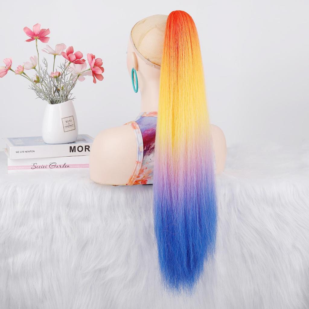 Ponytails Hair Extension Long Yaki Straight Hair Ponytail Rainbow Color Hairpiece Claw Clip on Hair Tail for Ladies