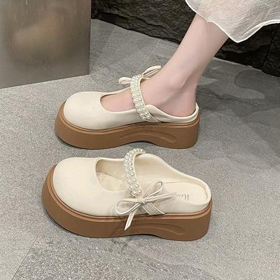 Perle Runde Zehenschuhe Plateau Damen Hausschuhe und Damen Sandalen Mittelhoher Absatz Pantoletten Sommer Schuhe Im Angebot Freizeitschuh