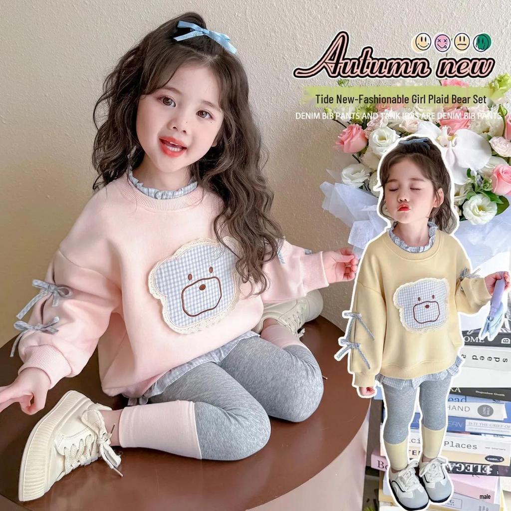 Höst Koreansk Stil Flickors Patchwork Sweatshirt & Leggings Set