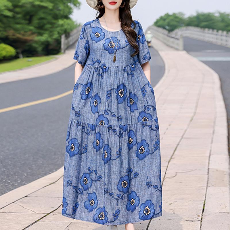Elegantes Sommerkleid für Damen, Vintage-Kleidung, Übergröße, lässig, kurzärmelig, lange Kleider