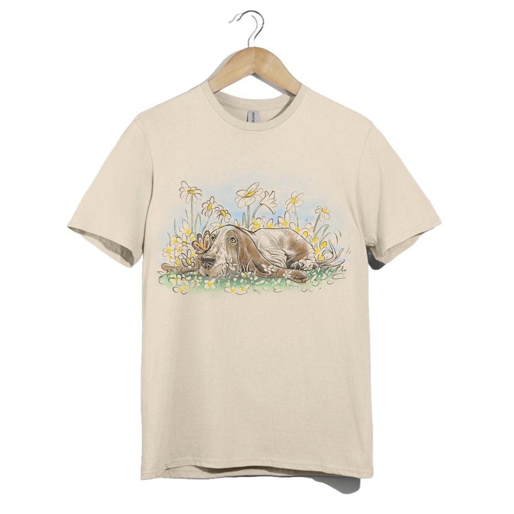 Lazy Dog in Flower Field T-Shirt – Cute Basset Hound Nature Scene Unisex Graphic 4XL