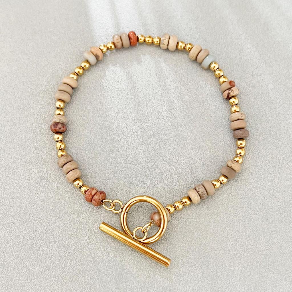 Handmade Bohemian Stone Bead Bracelet with Stainless Steel Chain for Women