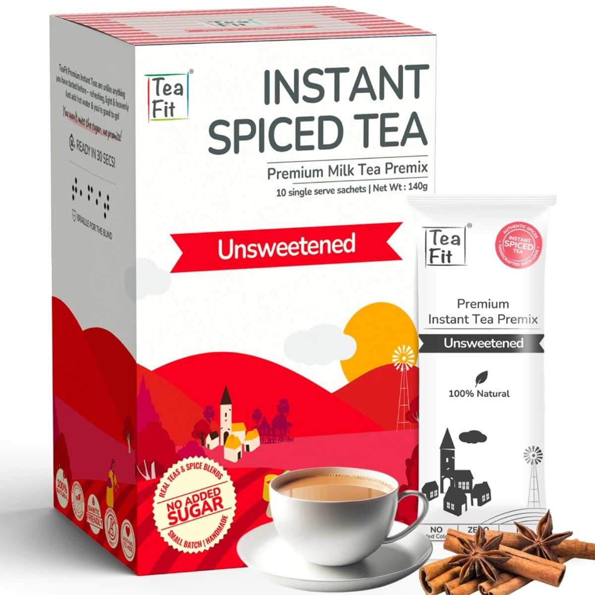 

TeaFit Premium NO SUGAR Instant Masala Tea Premix | Pack of 10 Sachets (140gm) | Real Milk & Spices | Strong, Home Style Masala Chai | Milk Tea P