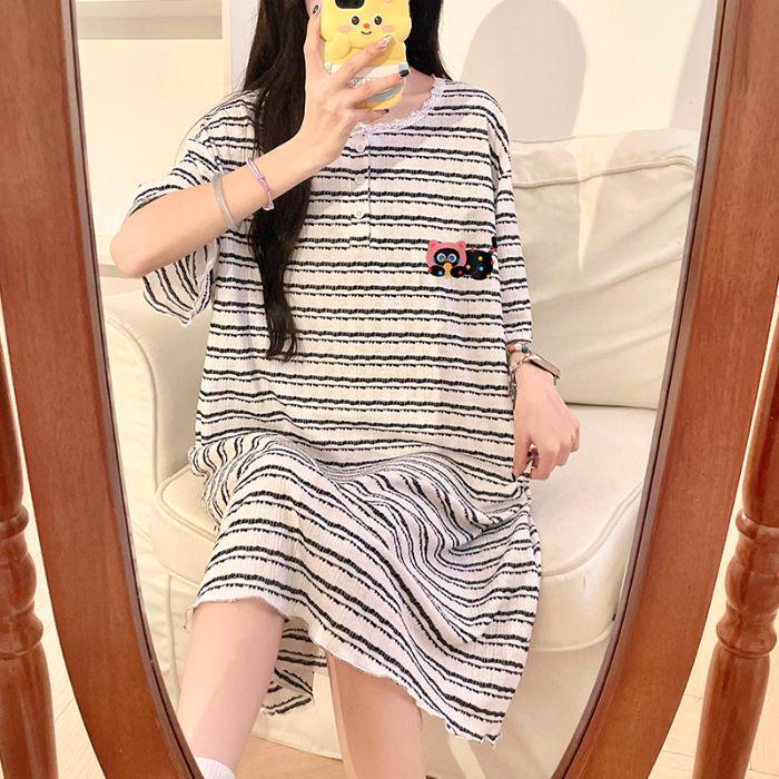 Women's Striped Short-Sleeve Loose Midi Dress – Fresh Summer Style, Versatile for Outdoors or as Pajamas, Ideal for Students