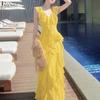 ZANZEA Women Casual V-Neck Sleeveless Ruffles Long Dress Holiday