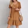 2026Summer Women's Loose Casual Short-sleeve Dress In Solid Color V Collar Dress