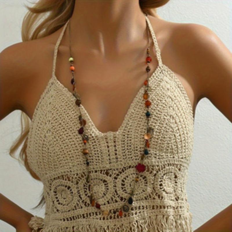 Vintage Ethnic Style Round Bead Tree Leaf Tassel Long Necklace Ladies Bohemian Niche Holiday  Accessories Gift