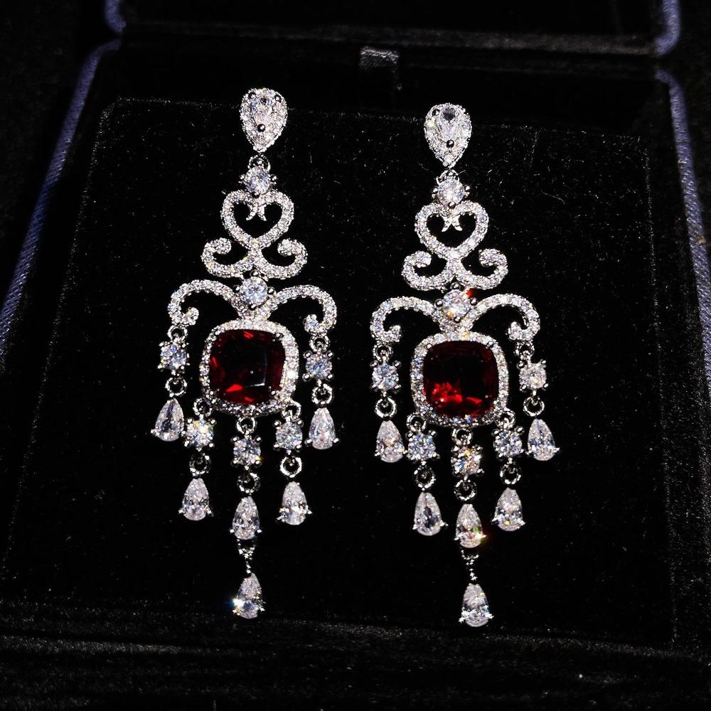 Luxury Bohemian Full Diamond Earrings Vintage Fringe Ruby Drop Earrings for Wedding Party Evening