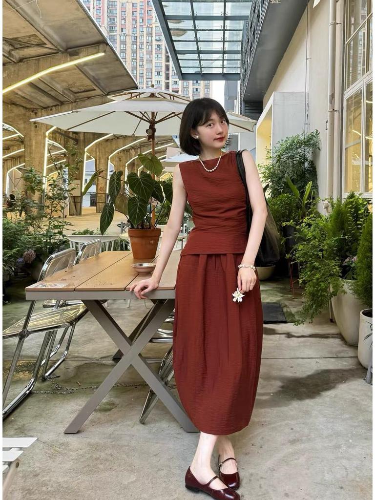 Linen-Blend Sleeveless Backless Tie Top & Half Skirt Set - Women's Summer Collection