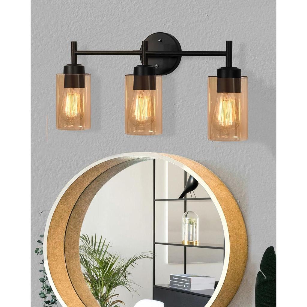 Black Wall Sconce,Modern Bathroom Wall Light Fixtures 3-Light Bathrooms Vanity Light, Bathroom Lights Over Mirror, Farmhouse Glass (Amber)